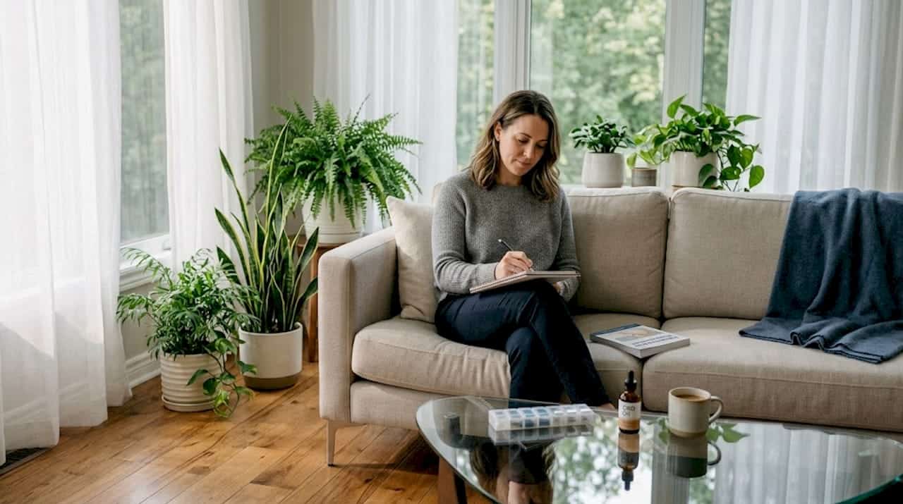 Woman reading about fibromyalgia pain relief at home
