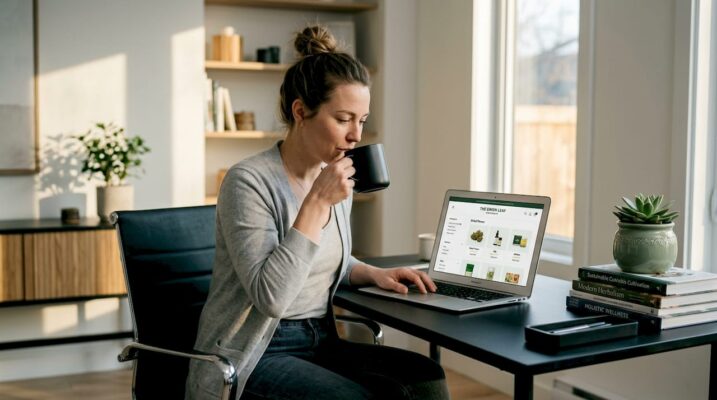 Woman ordering cannabis online in cozy kitchen