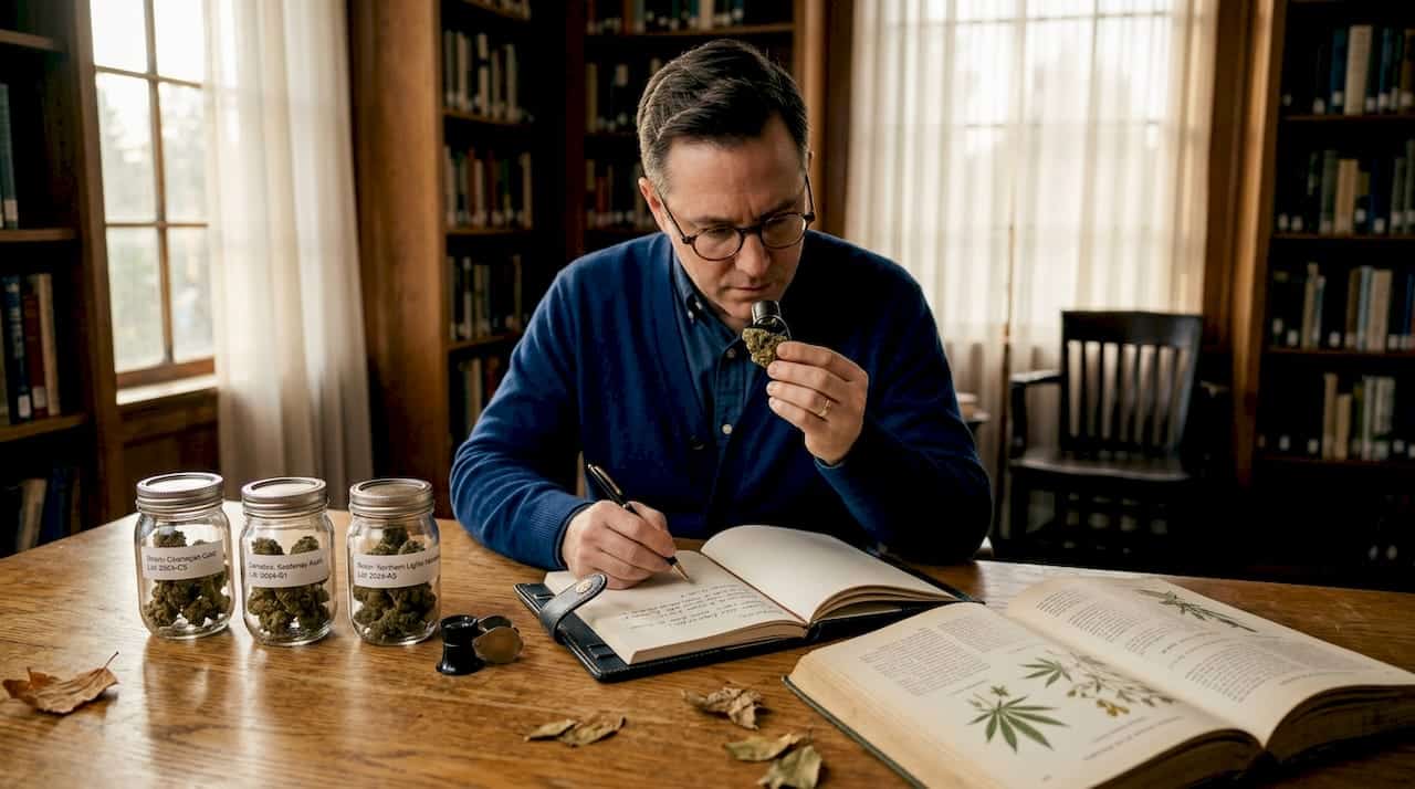 Expert reviewing rare cannabis strains at desk
