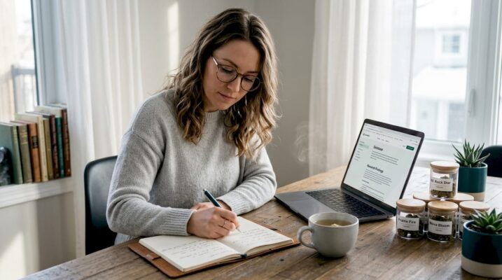 Woman researching cannabis strains at home kitchen table