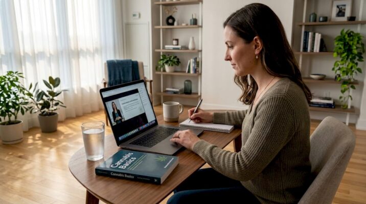 Woman learning about cannabis at home