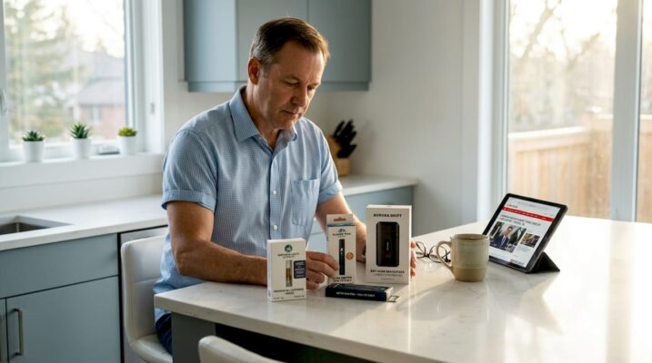 Man reviewing three vape pens at kitchen table