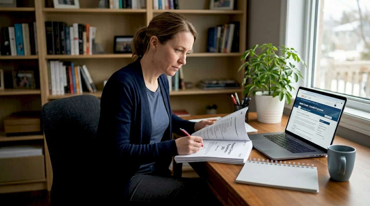 Professional woman reviewing cannabis regulation docs at desk