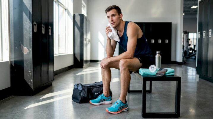 Athlete in locker room after training recovering