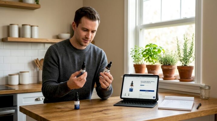 Man comparing CBD products at kitchen counter
