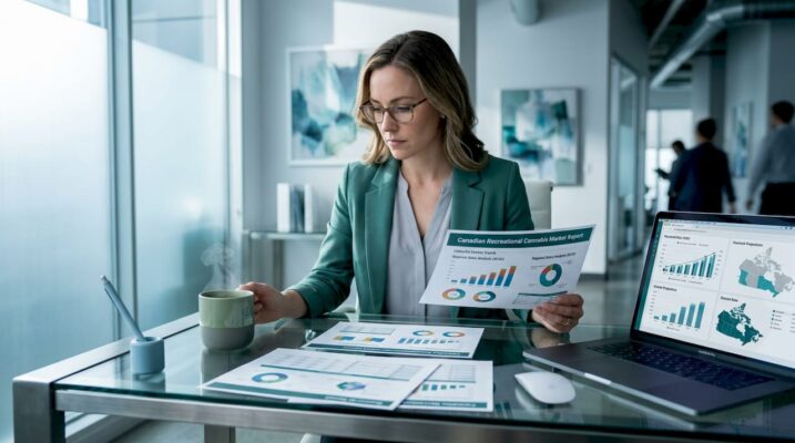 Analyst reviewing cannabis market report at desk