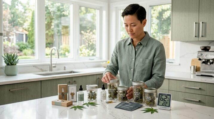 Cannabis products arranged on kitchen counter with storage items