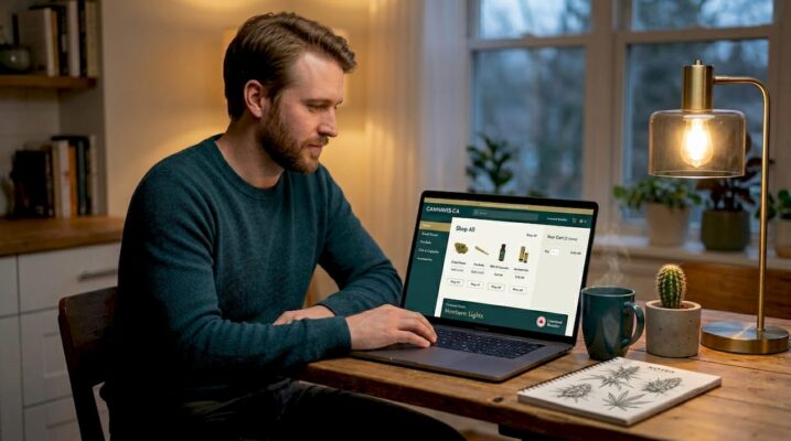 Man shopping for cannabis online at home