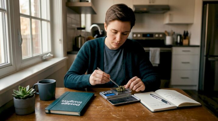 Person measuring cannabis dosage at kitchen table