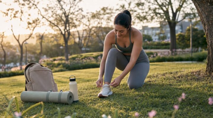 Woman preparing for workout with cannabis wellness products