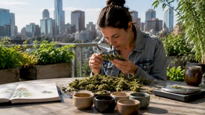 Botanist examining cannabis flower with magnifying glass