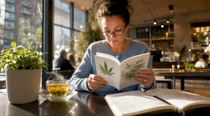 Adult woman reading cannabis education booklet