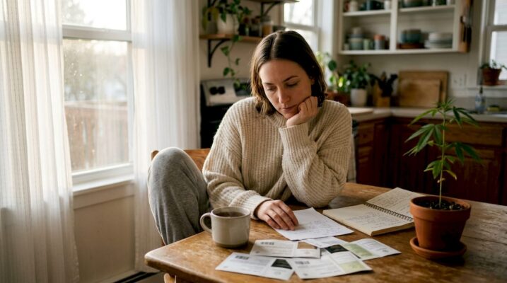 Person reviewing cannabis product labels at home