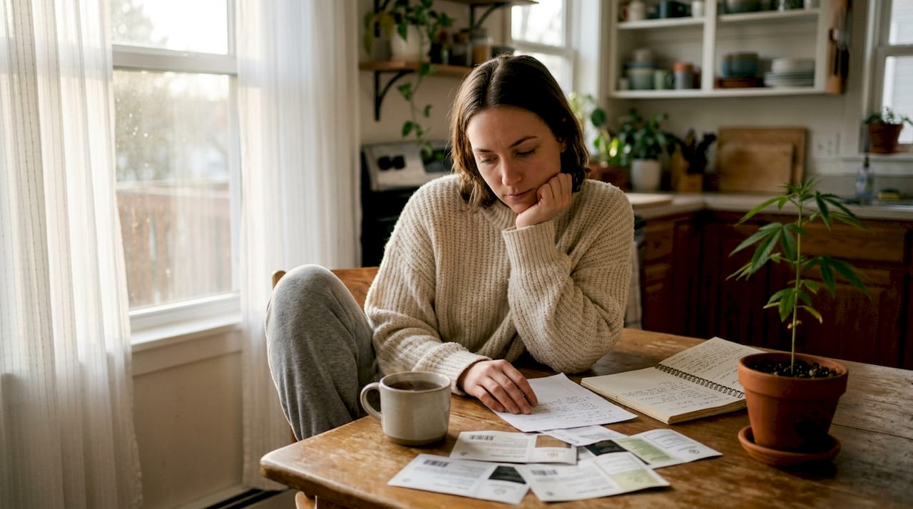 Person reviewing cannabis product labels at home
