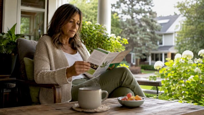 Woman reading cannabis edibles information at kitchen table