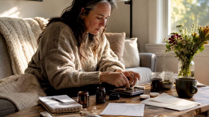 Woman organizing cannabis doses at kitchen table