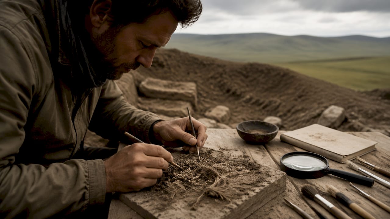 Close-up of archaeologist cleaning ancient cannabis fibers