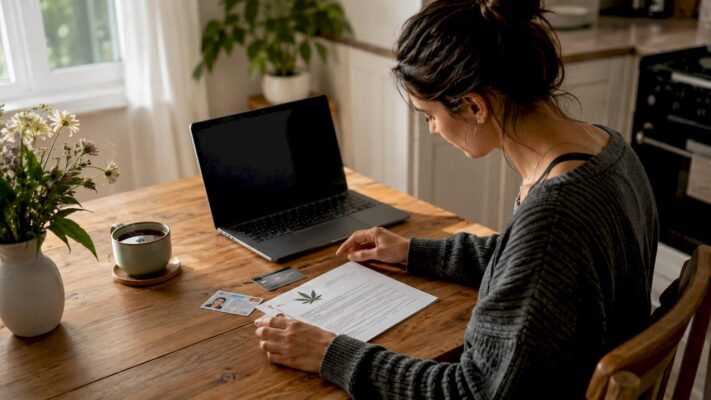 Woman preparing cannabis order documents