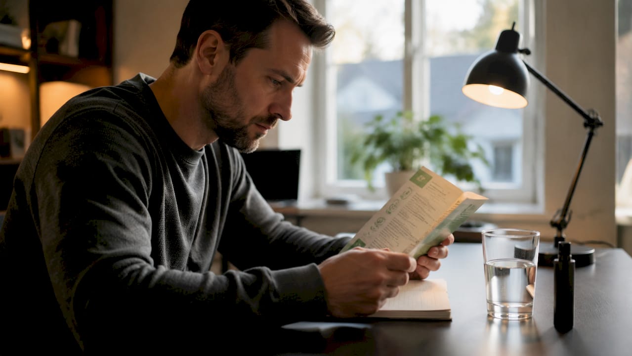 Adult man reading cannabis risks pamphlet