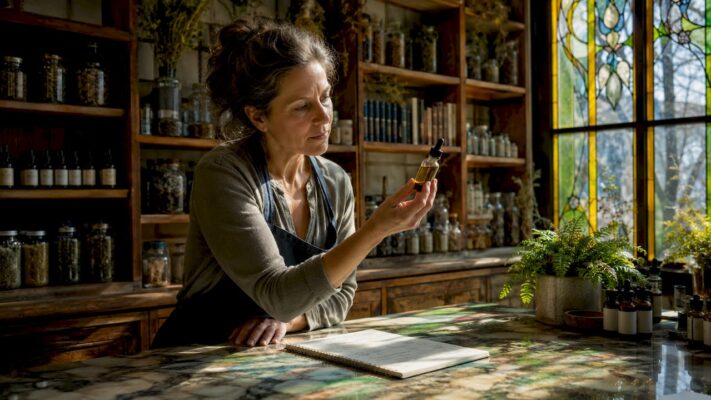 Pharmacist examining CBD tincture in dispensary