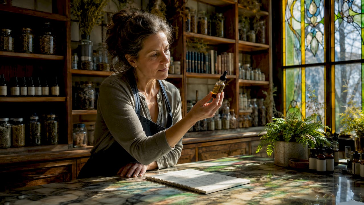 Pharmacist examining CBD tincture in dispensary