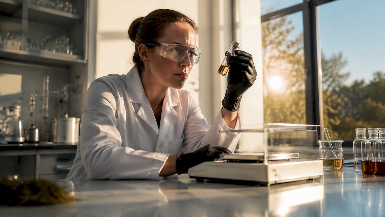 Lab technician examining cannabis extract vial