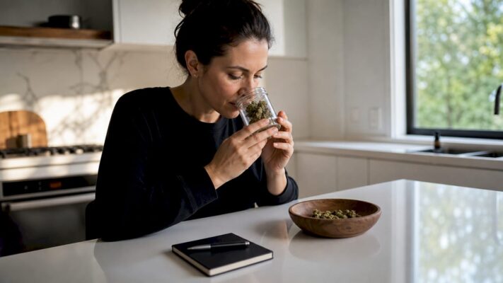 Woman smelling cannabis flower in cozy tasting room