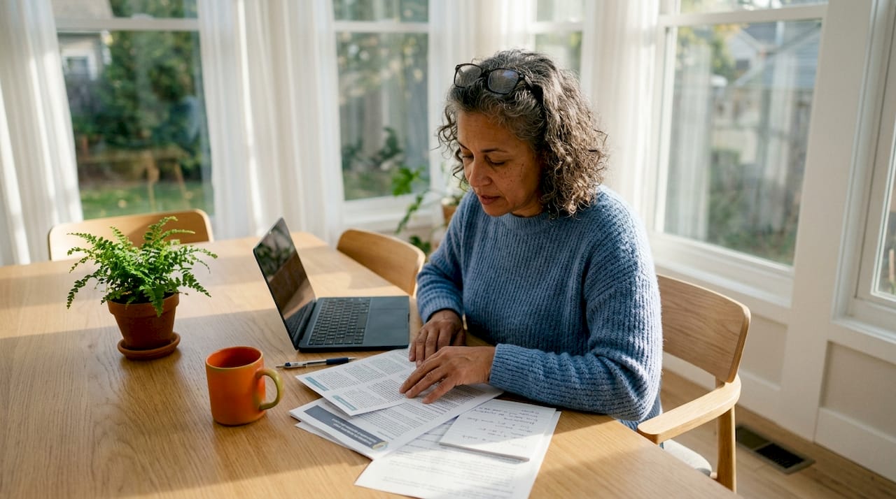 Woman reviewing cannabinoid wellness information at home
