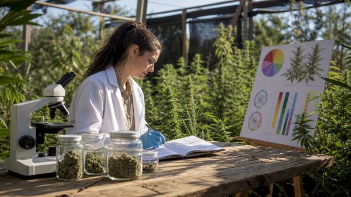 Botanist examining seasonal cannabis plants in greenhouse