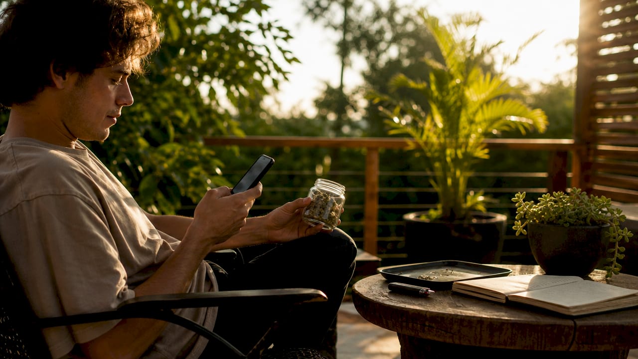 Young adult checking cannabis effects duration on phone