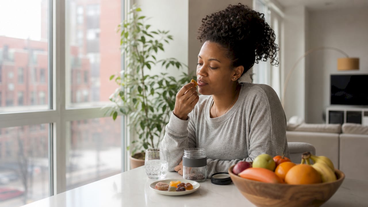 Woman sampling cannabis edible at kitchen table