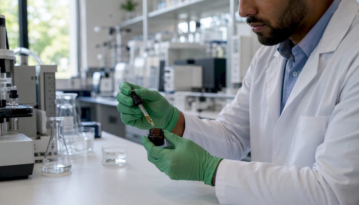 Gloved hands pipetting cannabis lab sample