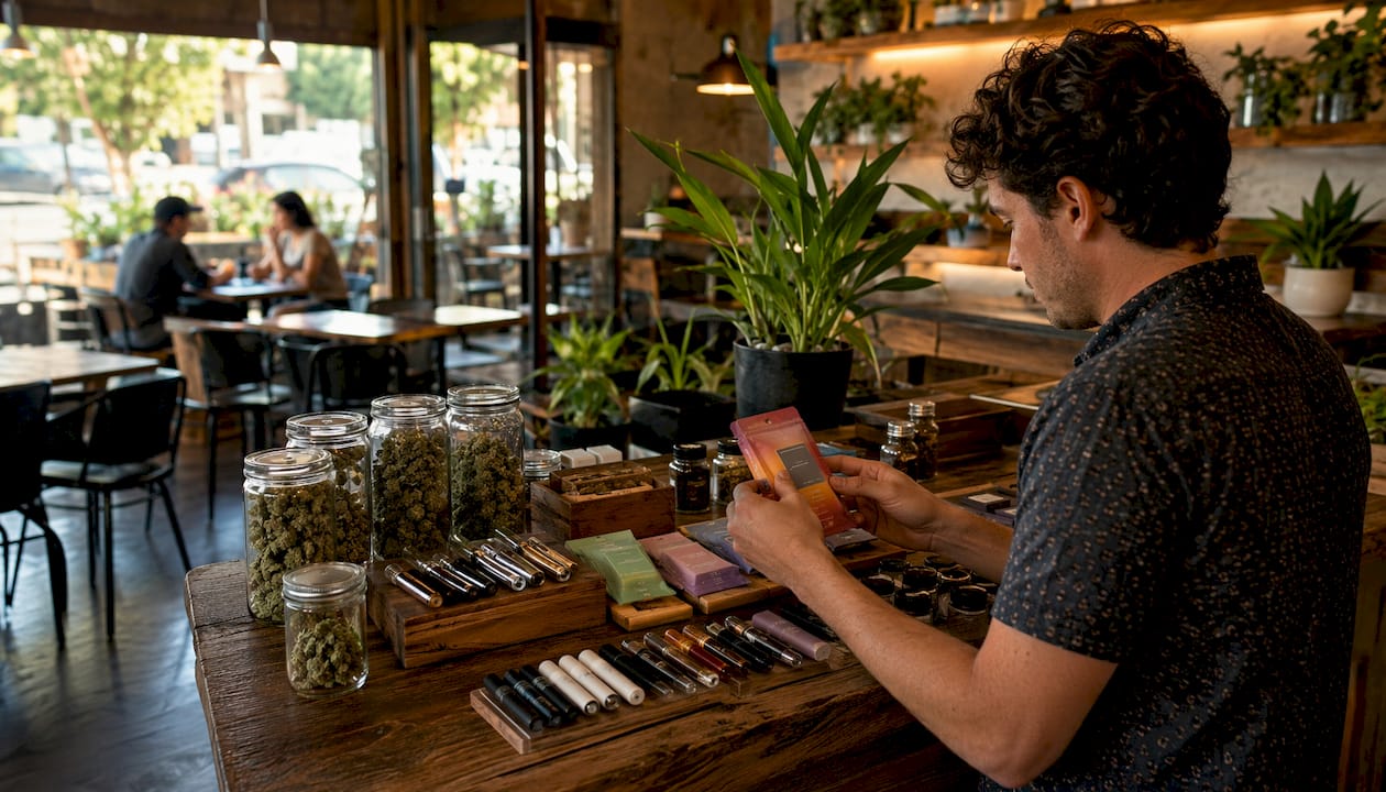 Hands arranging cannabis products on counter
