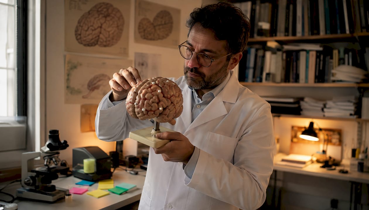 Neuroscientist examining brain model receptors