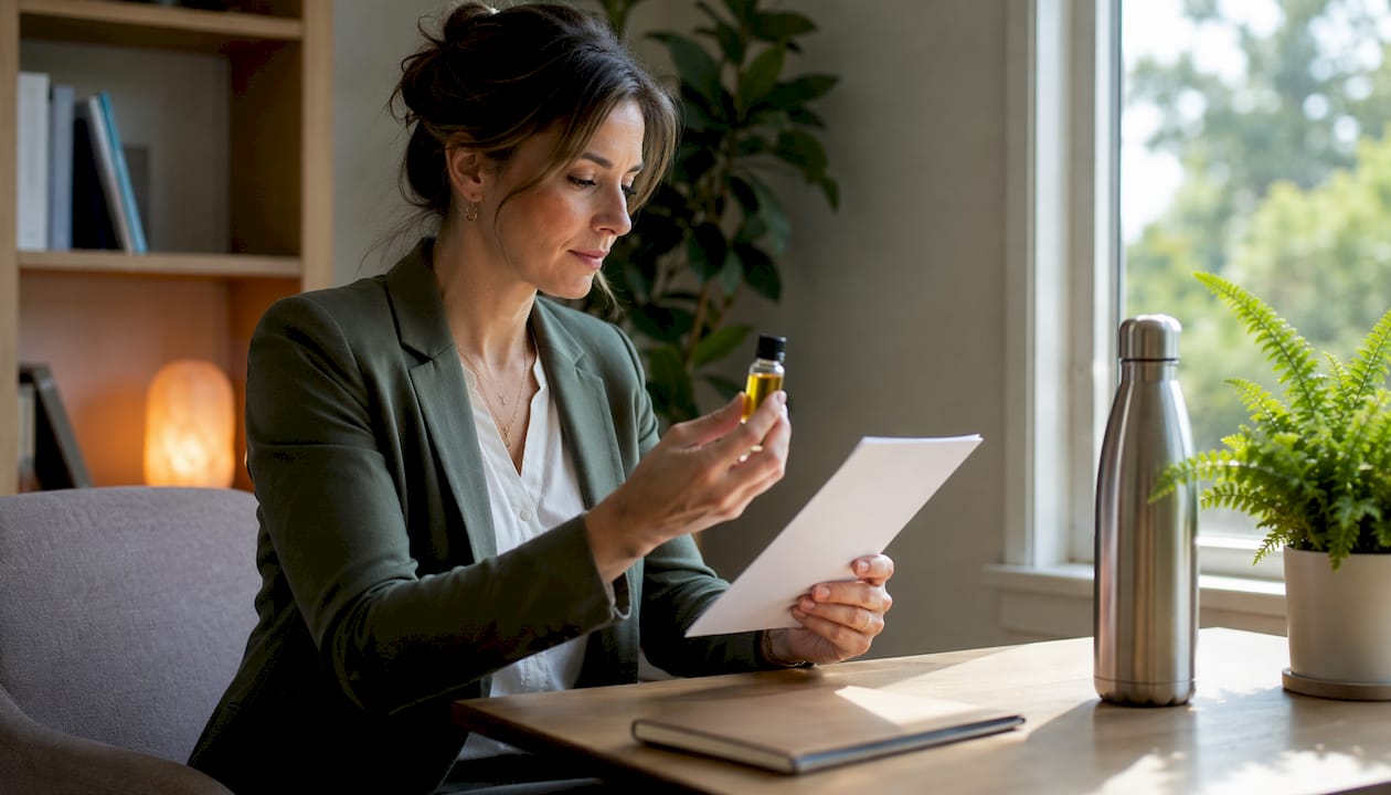 Overhead view of cannabis vial on psychologist's desk