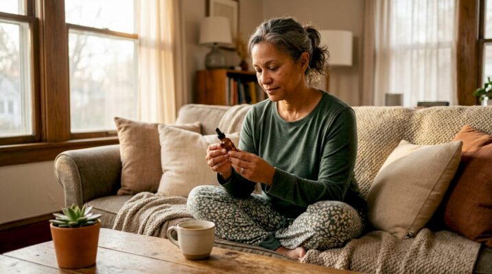 Woman reading CBD oil bottle for sleep