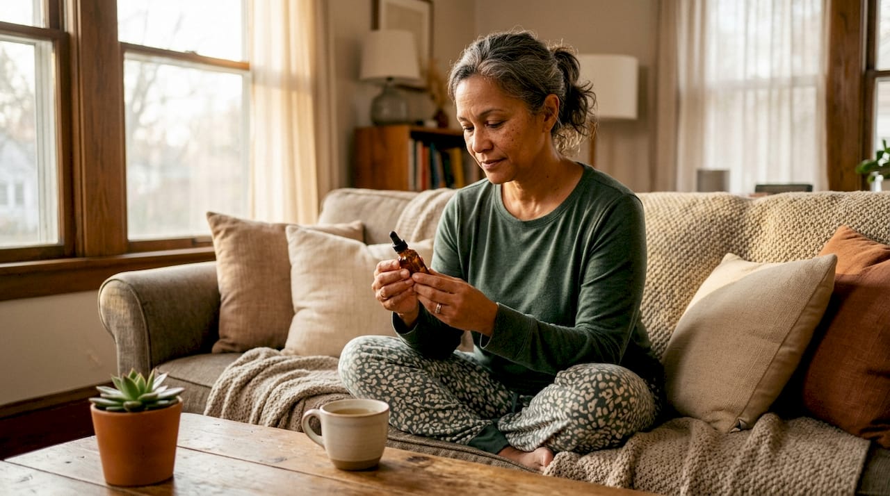 Woman reading CBD oil bottle for sleep