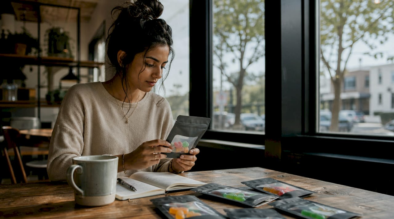 Woman reading vegan cannabis edible labels at kitchen table