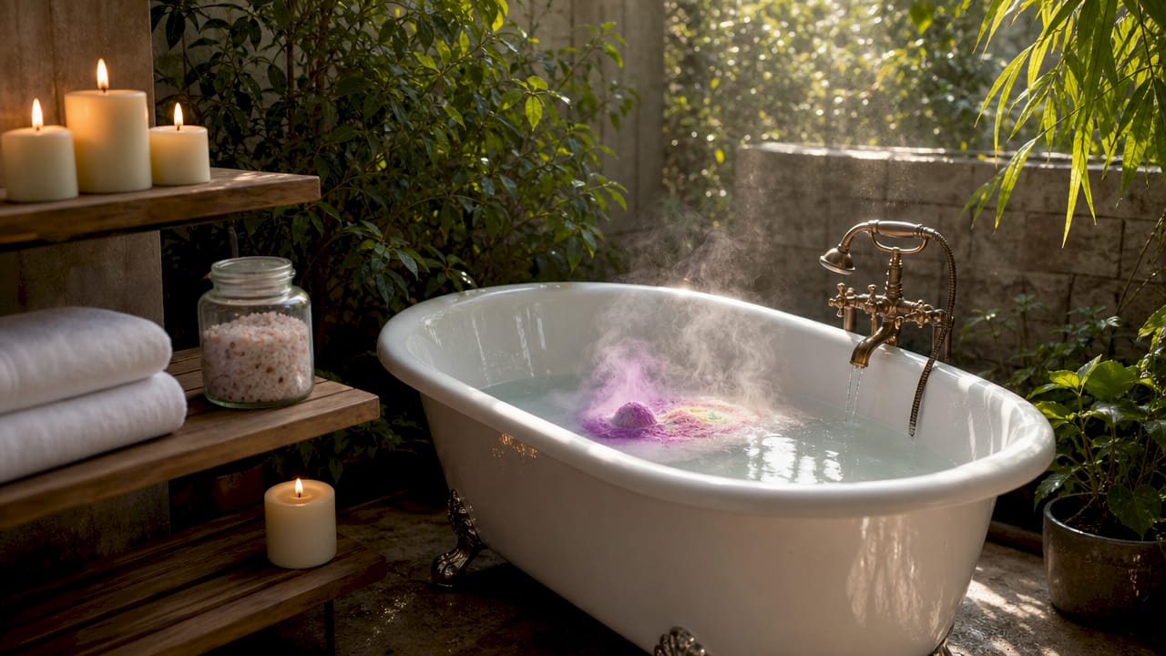 Bath with fizzing cannabis bath bomb and candles