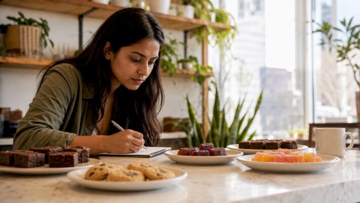 Woman inspecting cannabis edibles on kitchen island