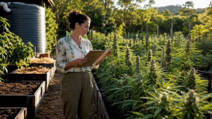 Agronomist inspecting sustainable cannabis plants indoors