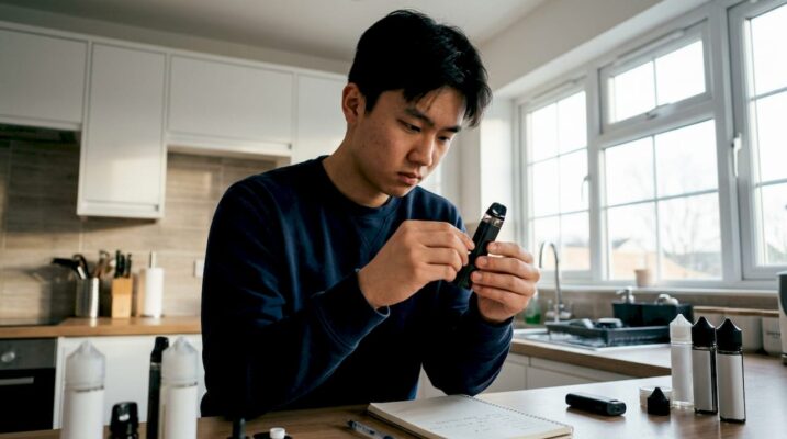 Man inspecting vape device at home table