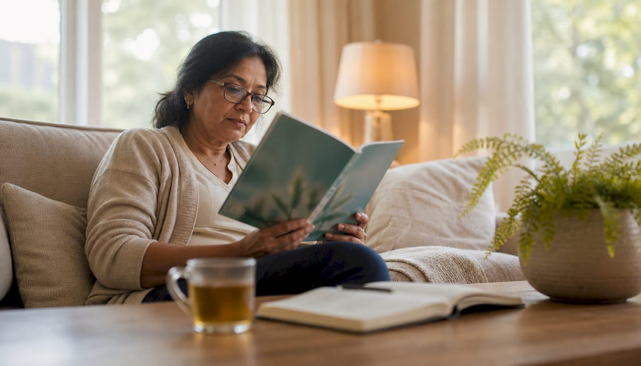 Woman reading about cannabis stigma at home
