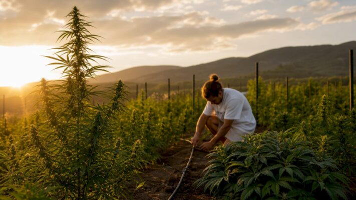 Side-by-side sativa and indica cannabis plants