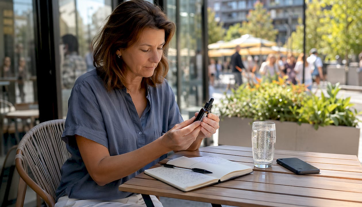 Woman reading CBD product label at kitchen table